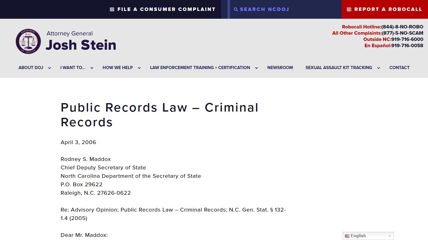 Public Records Law - Criminal Records - NC DOJ